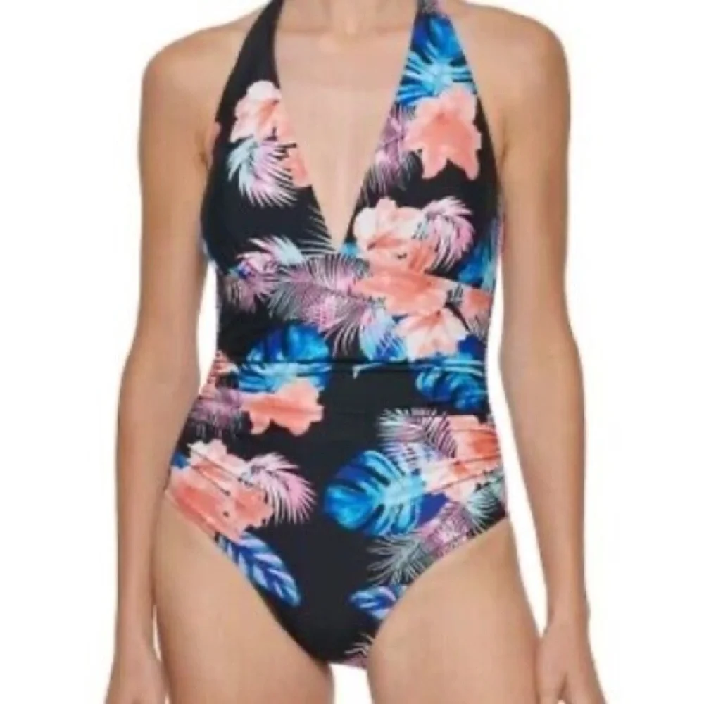 DKNY Tropical‎ Floral One Piece Swimsuit in Black/Pink Sizes XL NWOT - Picture 11 of 15
